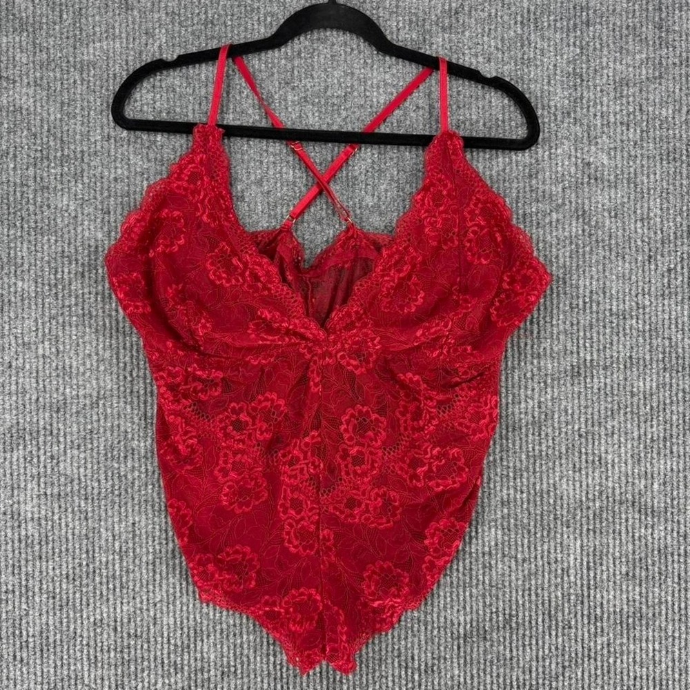 red floral lace teddy bodysuit plus size 2XL strappy back lingerie boudoir